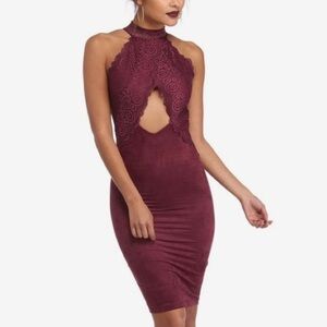 Burgundy Knit Lace Midi Cocktail Dress